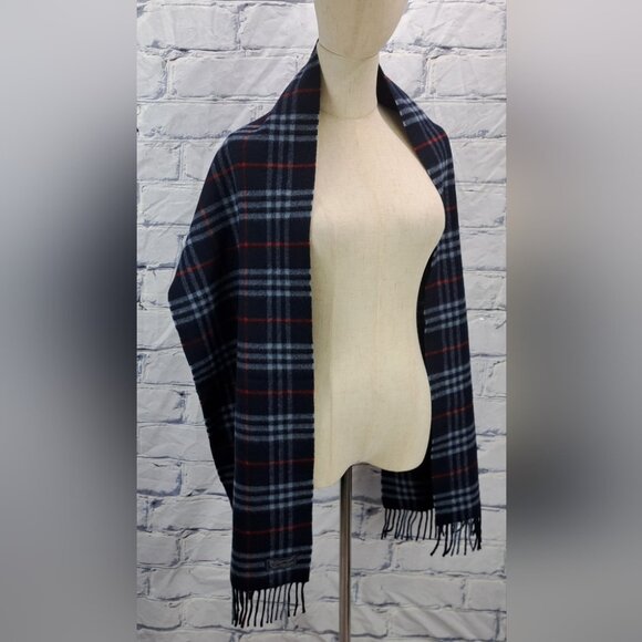 Burberry Vintage Scarf Nova Check Lambswool England Navy 90s Y2K 70" x 12.5" - Picture 10 of 13